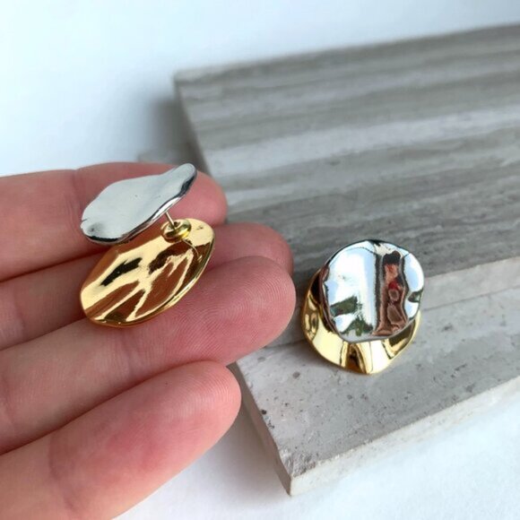 NEW~ Anthropologie Front Back Gold Silver Disk Earrings - Picture 3 of 9